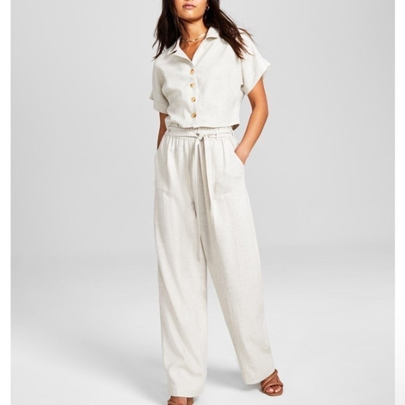 Now This High Rise Paperbag Linen Viscose Wide Leg Pull on Pants - Picture 1 of 16